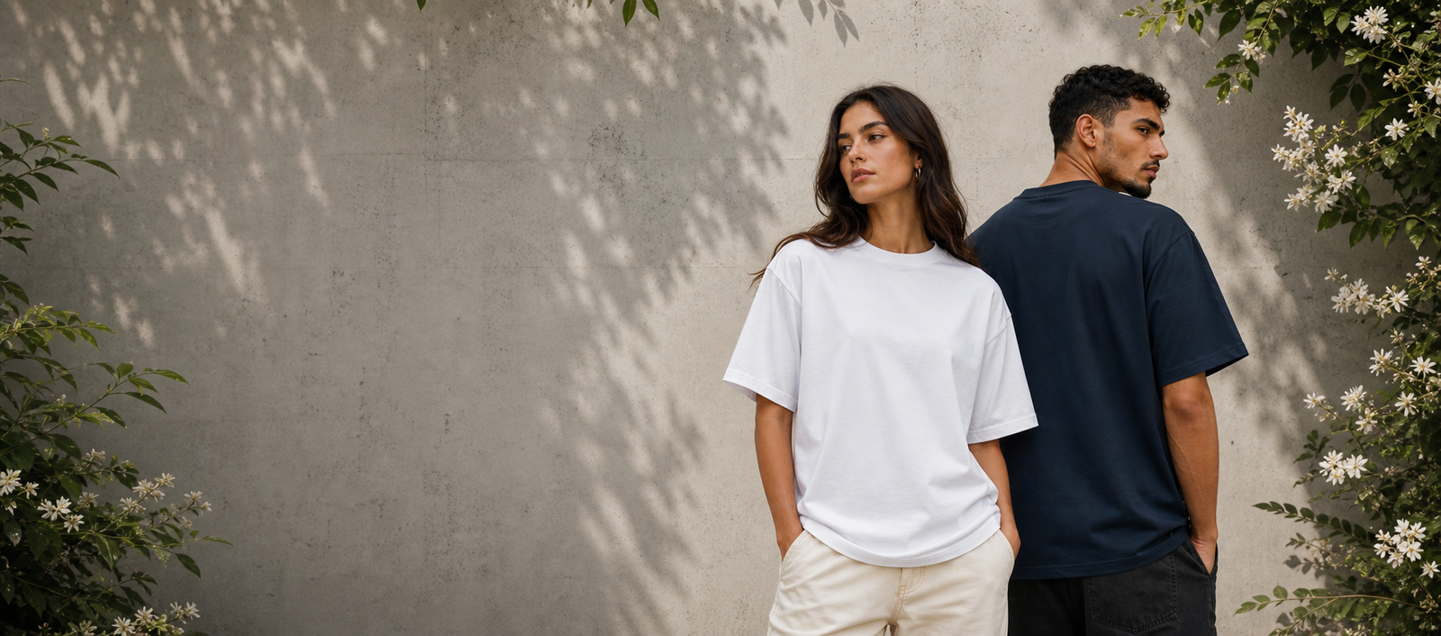 Bannière vierge Flowers HERA avec t-shirts sans print, fond béton et fleurs blanches