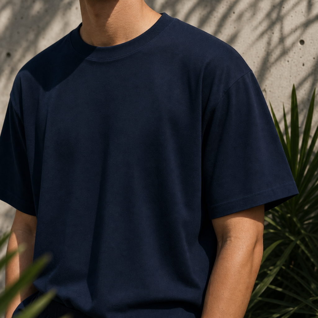 Mockup vierge bleu marine pour la collection Flowers HERA, support textile premium sans print