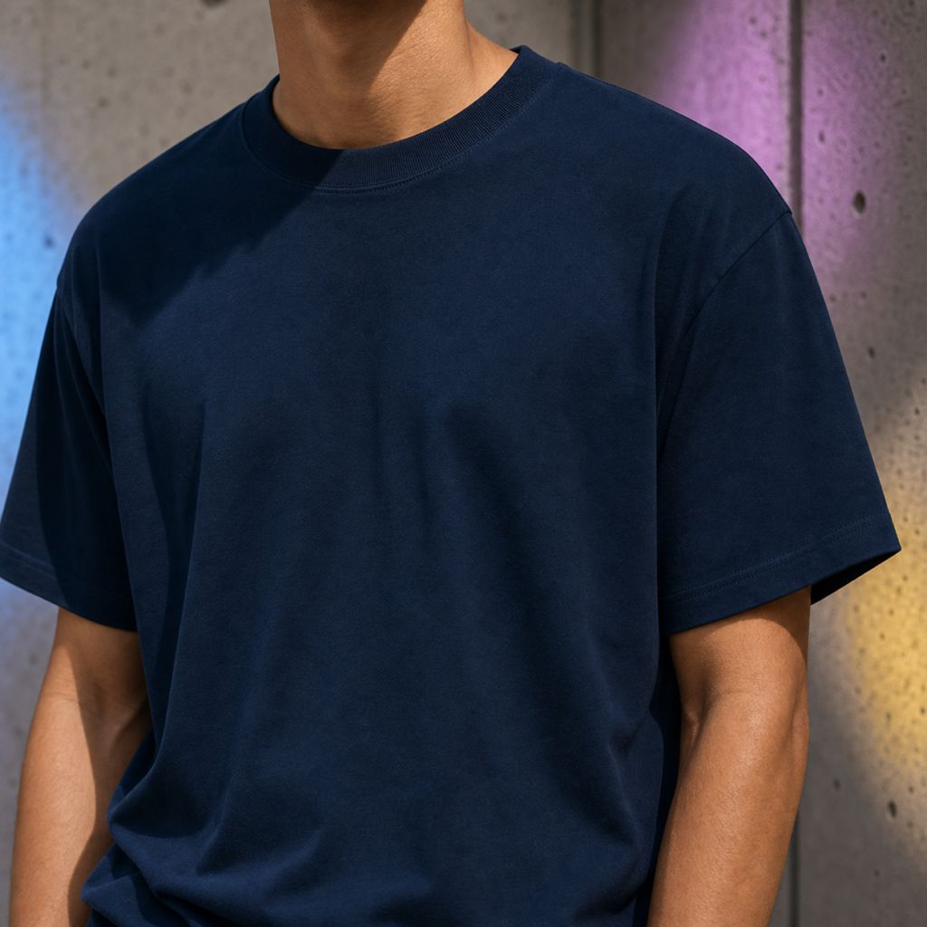 Mockup vierge bleu marine pour Motifs Colorés HERA, fond urbain et reflets colorés