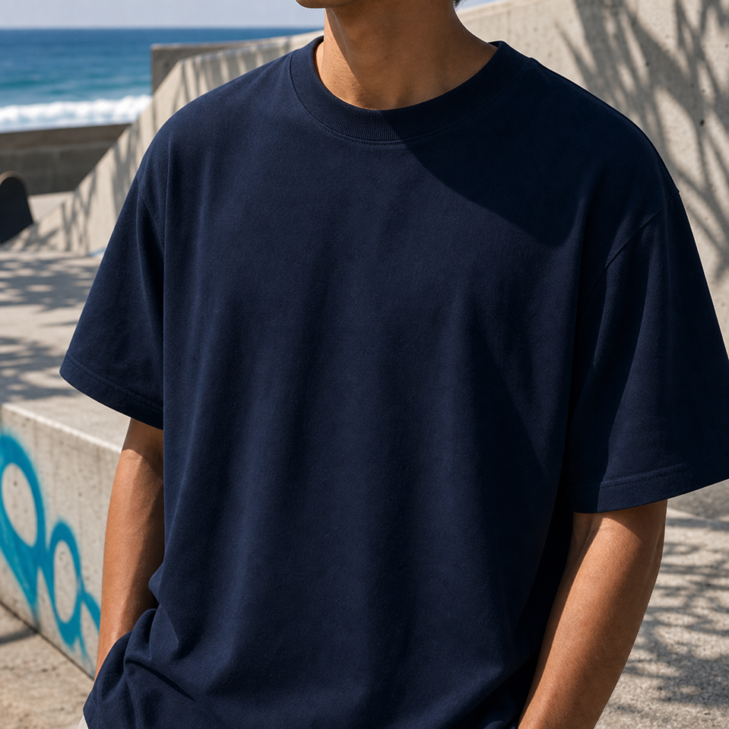 Mockup vierge bleu marine pour Summer HERA, ambiance c?ti?re et t-shirt sans print