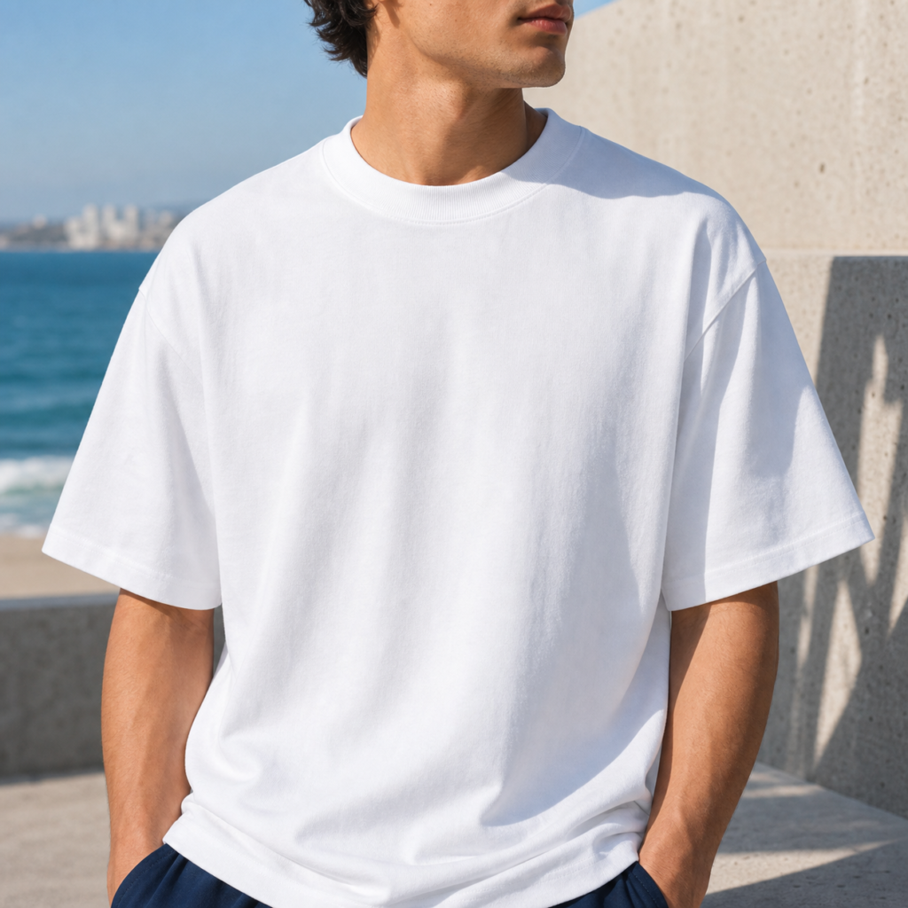 Mockup vierge blanc pour Summer HERA, ambiance bord de mer et textile premium